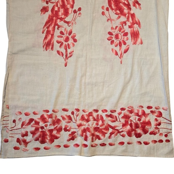 Vintage Boho Top Hand Embroidered Bird Floral Manta Cotton Mexican Huipil Midi - Picture 6 of 11